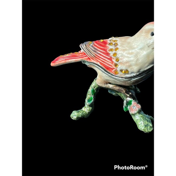 Vtg Female Cardinal Bird Pewter Jewelry Trinket Box Hinged Lid Enamel Jeweled - Picture 3 of 9